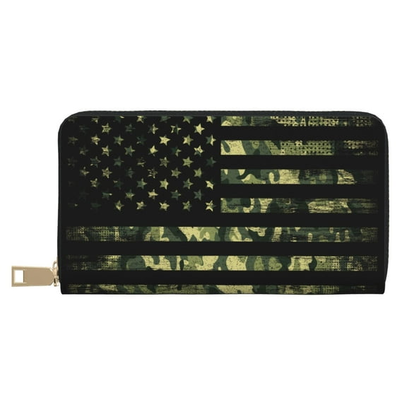 Leather Thin Slim Wallets for Women Men - American Flag Camo Clutch Card Wallet for Women Men with Zipper