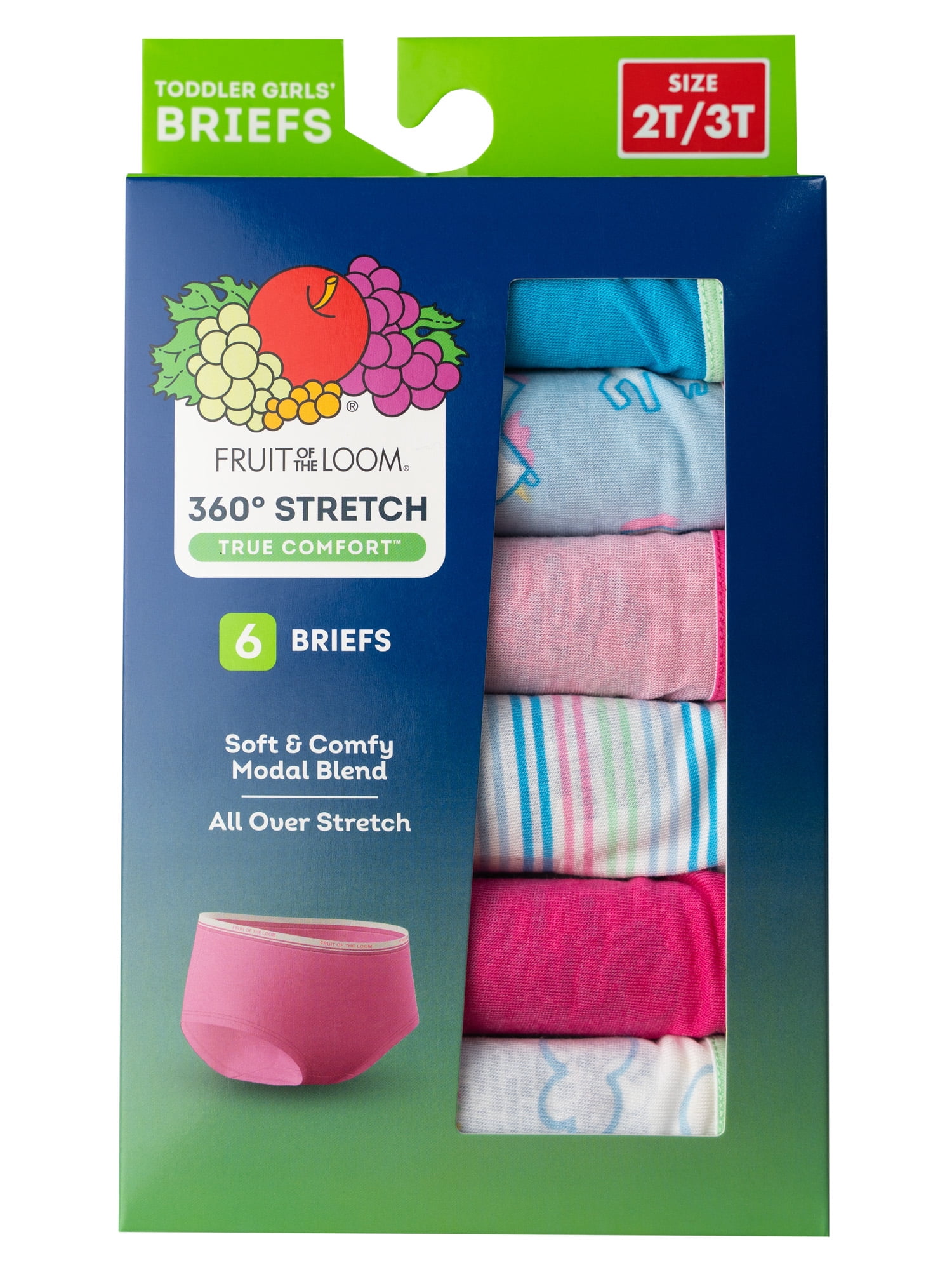 Fruit of the Loom Toddler Girl 360 Stretch True Comfort Super Soft Modal Briefs Underwear, 6 Pack, Sizes 2T/3T