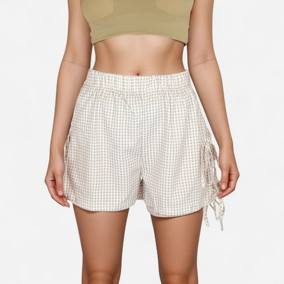Women's Gingham Lounge Shorts with Elastic Waistband Adjustable Side Tie Details and Relaxed Casual Fit - Beige, Small