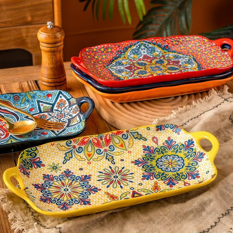 TAUFIKT Boho Style Ceramic Dinner Plate Set of 4 with Handles, Large 12-Inch Dinner Plate