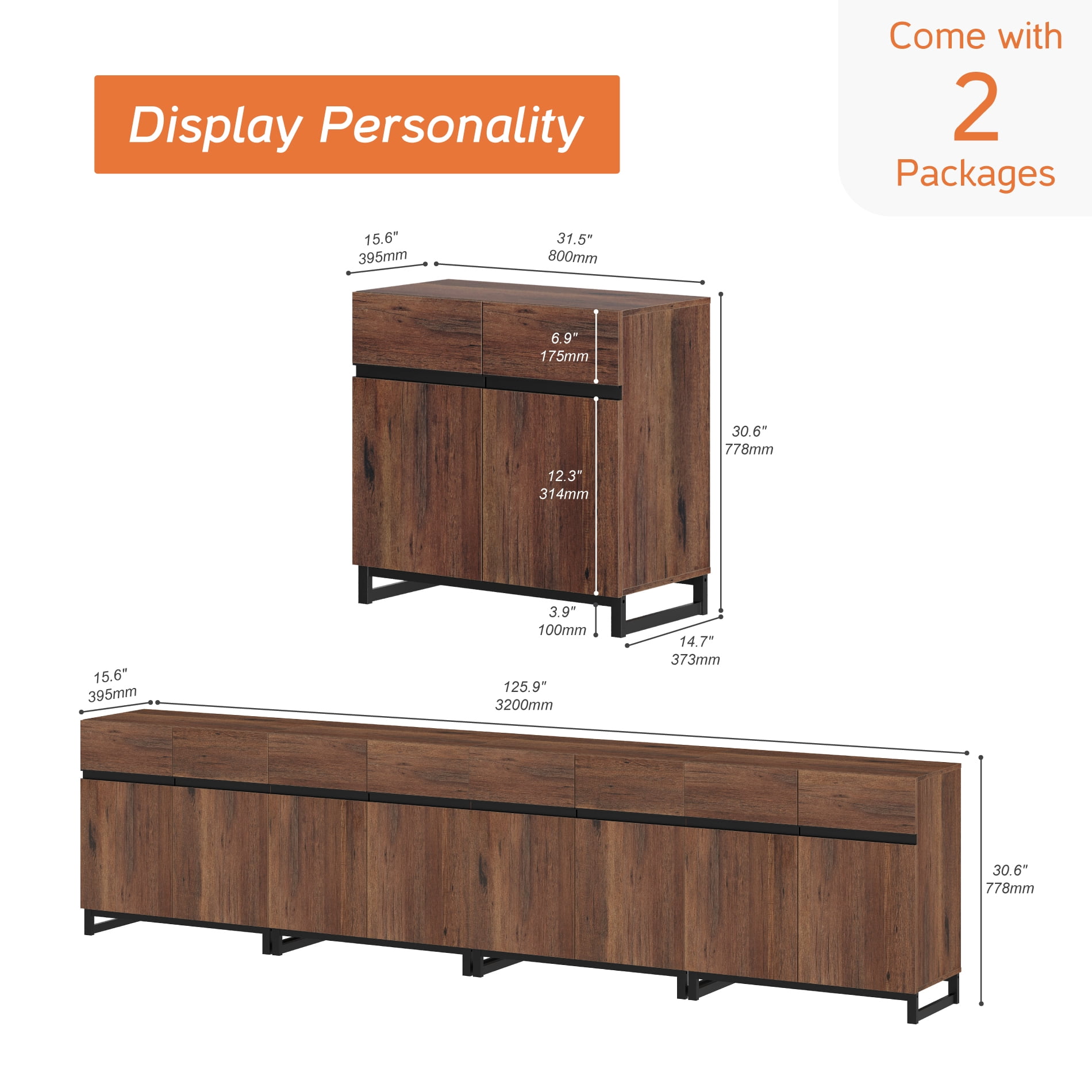 WAMPAT 126" TV Stand with Doors,Modern TV Stand for TVs up to 120 Inch,4 Packs Wood Entertainment Center with Adjustable Shelves & Metal Base.