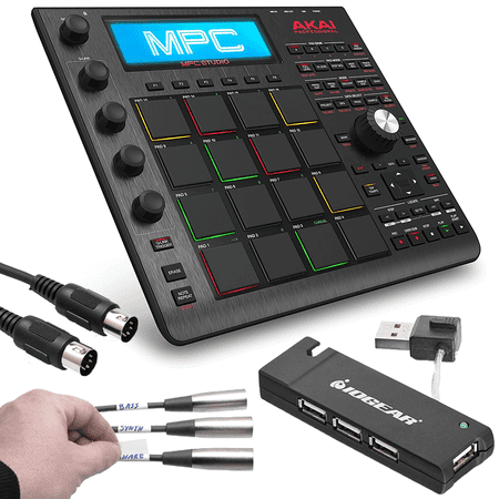 Akai Professional MPC Studio Black | Music Production Controller with 9+GB Sound Library Download + Hosa Peel Off Labels + Hosa MID-305 Black MIDI Cable + IOGEAR 4-Port USB 2.0