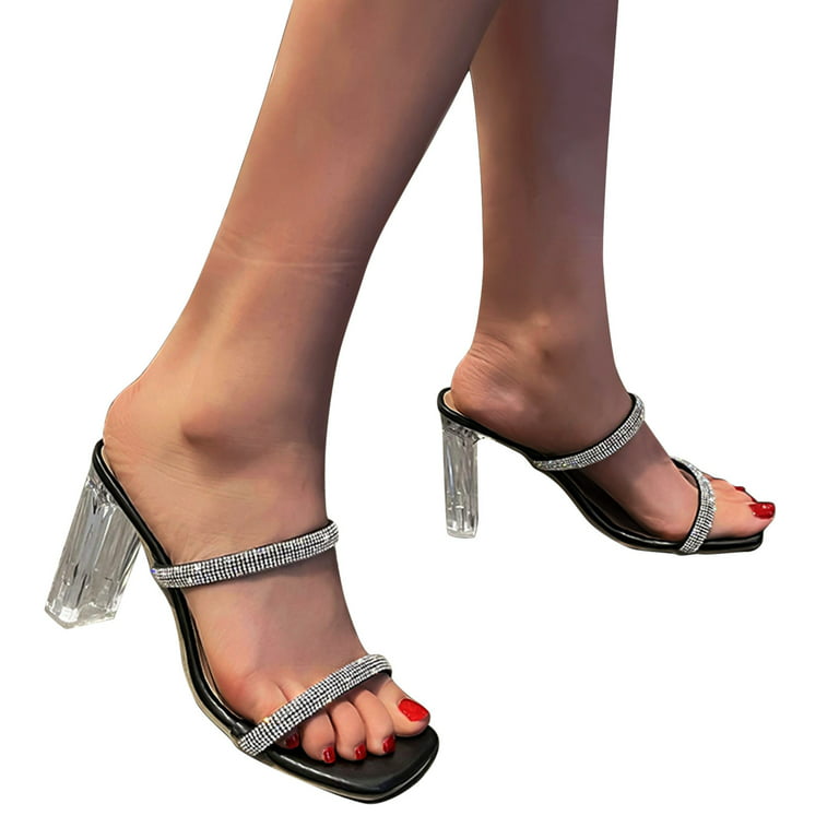 HSMQHJWE Women's Lucite Heel Sandals Slip On Backless Mules Square