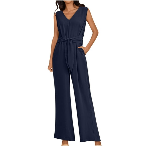 Ashirexll Wide Leg Jumpsuits for Women, Linen Overalls for Women, Fashion Summer Solid Casual V Neck Sleeveless Belted High Waist Long Pants Rompers Dark Blue M
