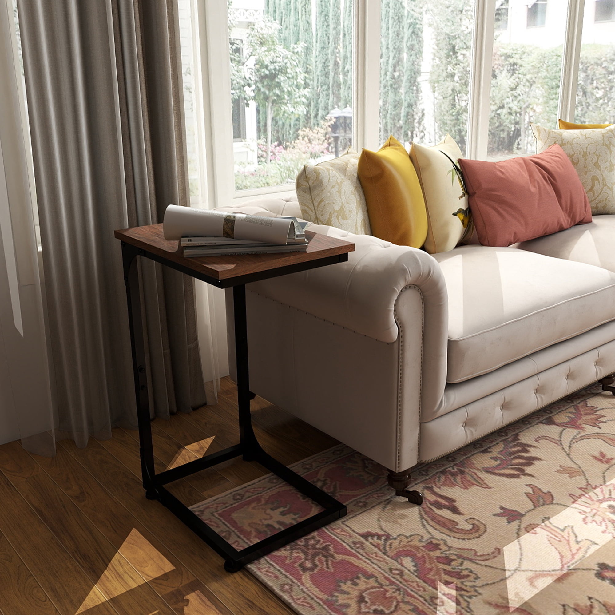 Melocadol C-Shaped End Table, C Shaped Under Couch Slider, Small Side Tables with Metal Frame, Adjustable Feet, for Living Room, Bedside, Sofa, TV Dinner, Recliner, Walnut