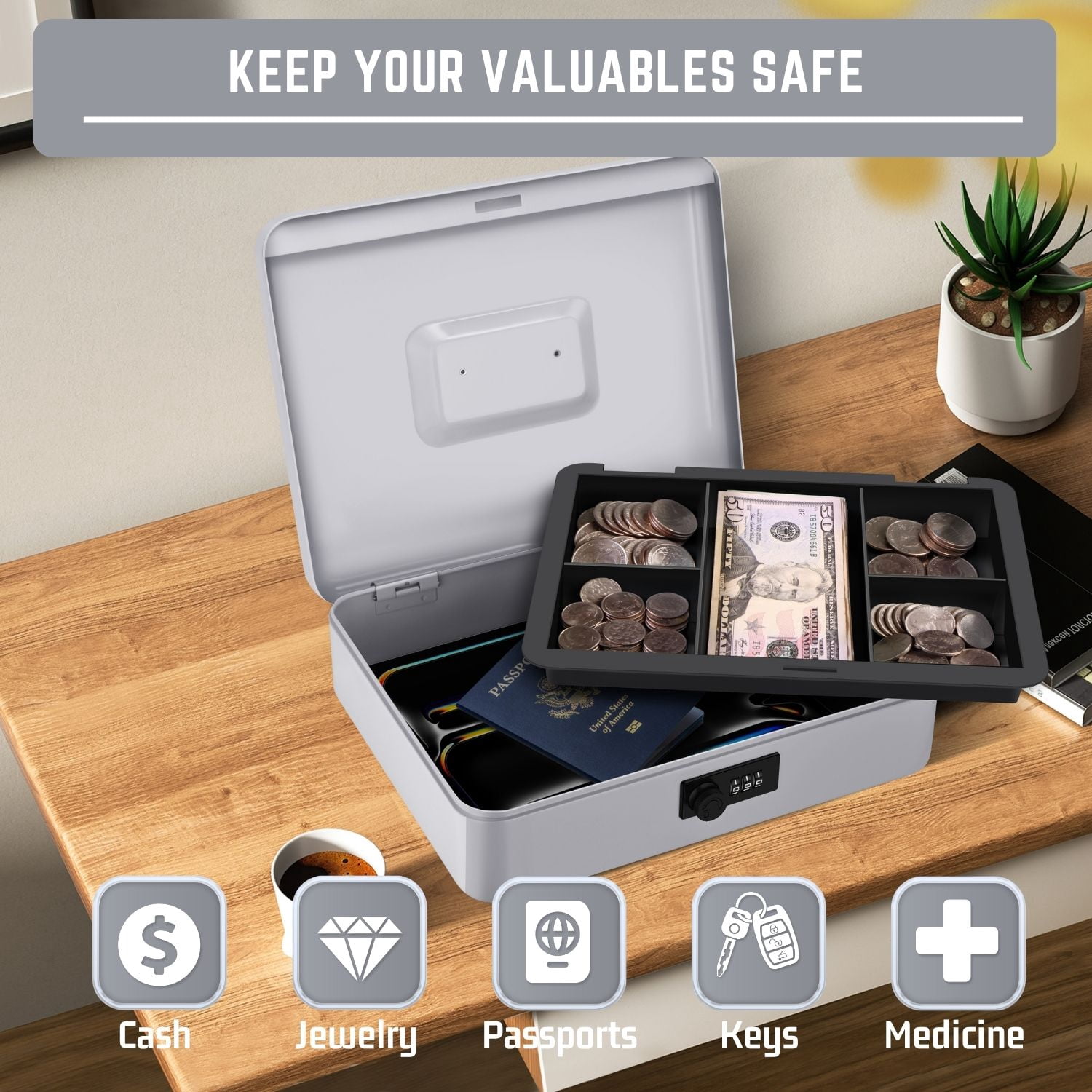 Cash Box with Combination Lock - Metal Cash Box with Money Tray and Lock - 5-Compartment Money Lock Box for Cash, Petty Cash, Checks, Coins, 11.8"x 9.4"x 3.5", Gray