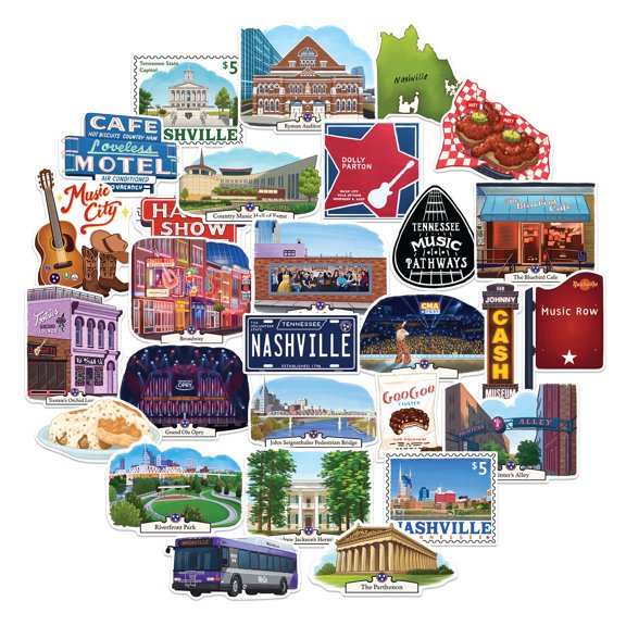Navy Peony Lively Nashville Travel Stickers (28pcs) - For Scrapbooks, Journals, Laptop