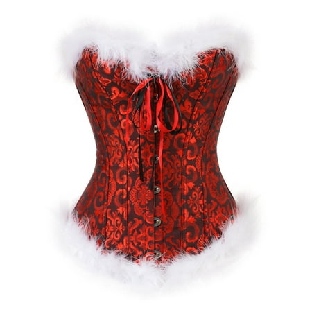 

SAYOO Christmas Ladies Corset Tops Women Flower Printing Feathers Splicing Front Buckle Back Tie Up Slim Shapewear Cosplay Costume