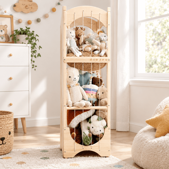 Wooden Stuffed Animal Storage Organizer with Lockable Wheels for Bedrooms