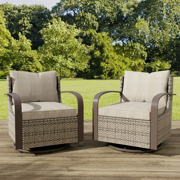 GAZEBETER Patio Swivel Chairs Set of 2,Outdoor Rocking Chairs with Seat Cushions and Thicking Back,All Weather Wicker Glider Rocking Patio Chairs for Porch Deck Balcony,Beige