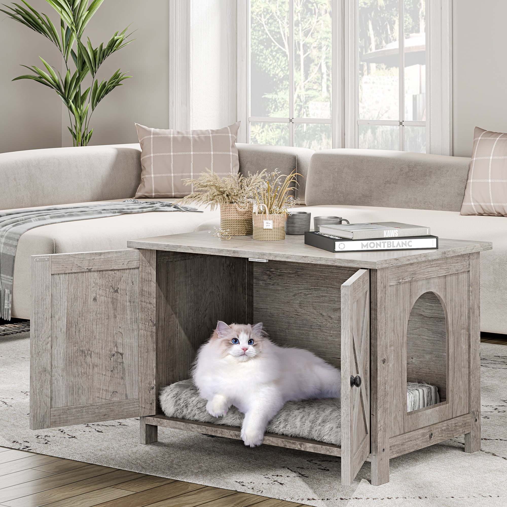 Walsunny Hidden Cat Litter Box Cat Washroom with Double Removable doors and Divider Indoor for Living Room Gray
