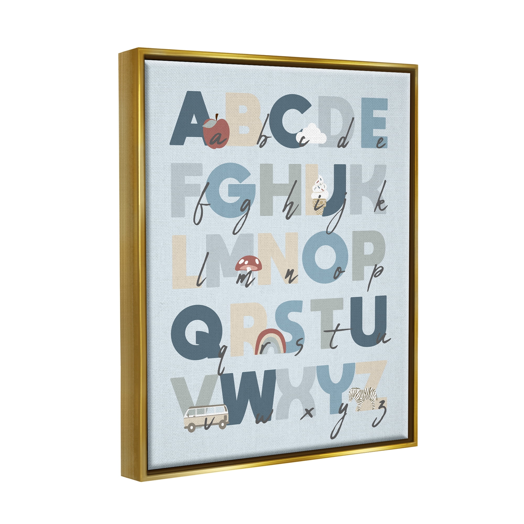 Stupell Industries Soft Blue Alphabet Chart Botanical & Floral Painting Gold Floater Framed Canvas Art Print Wall Art, 25 x 31