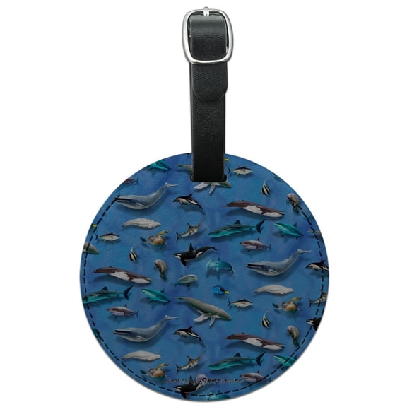 Ocean Life Whale Dolphin Manatee Shark Pattern Round Leather Luggage Card Suitcase Carry-On ID Tag