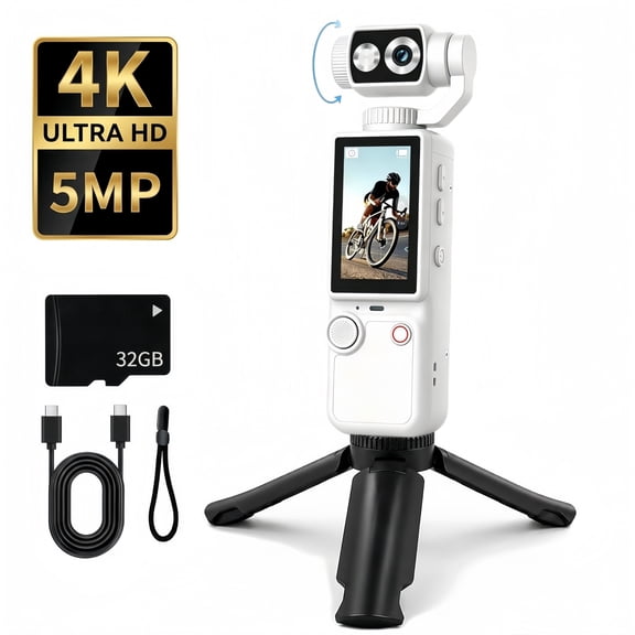 4K Ultra HD Pocket Gimbal Vlogging Camera, Built-in Fill Light, 180° Flip Lens Portable Action Cam with 32GB Card & Tripod, 2000mAh Battery for Travel Vlog Riding