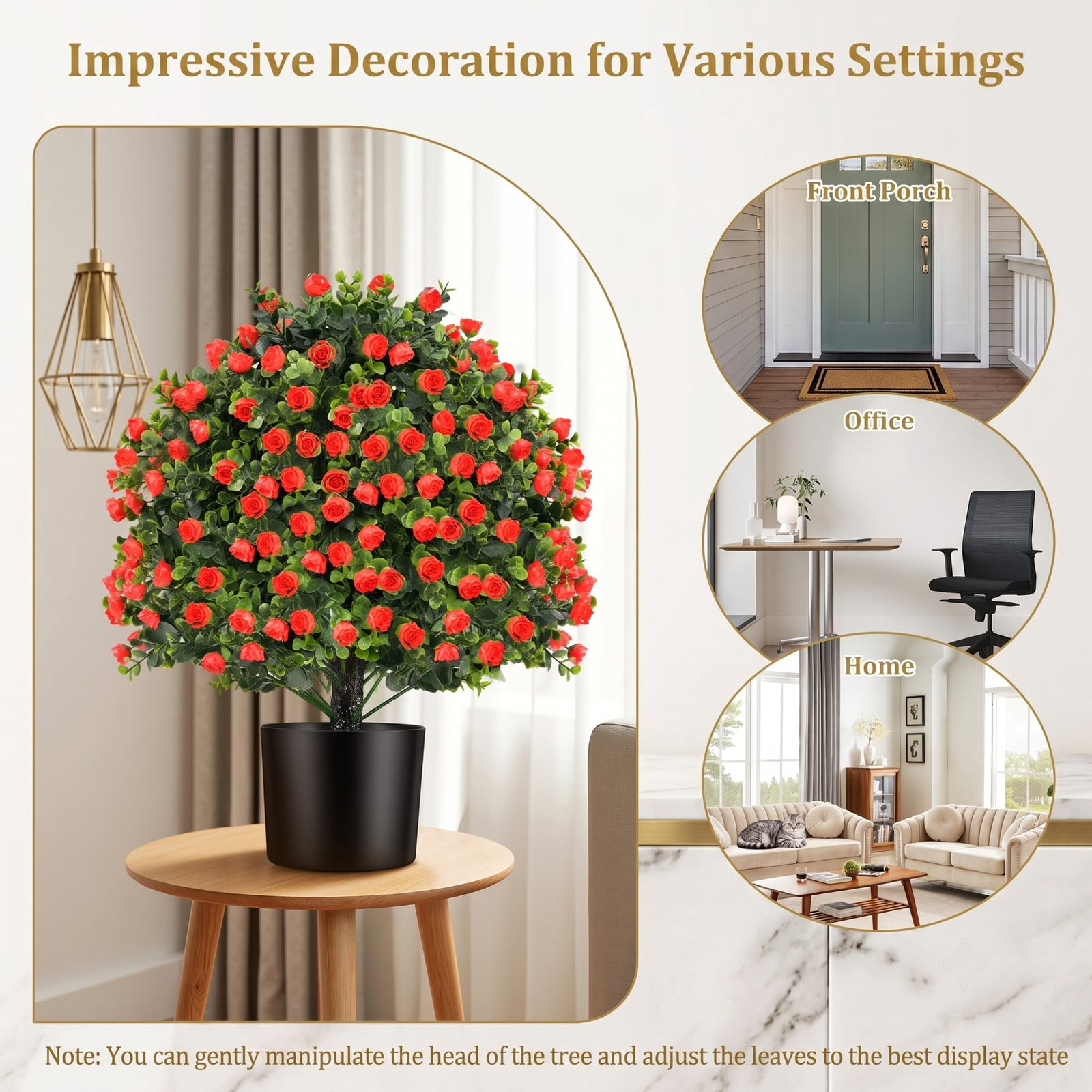 ALPULON 2 Pack Artificial Rose Topiary Ball Tree 21.5 Inch Faux Shrub Bushes with Red Flowers and Cement Base for Front Porch Home Office Decor, Red