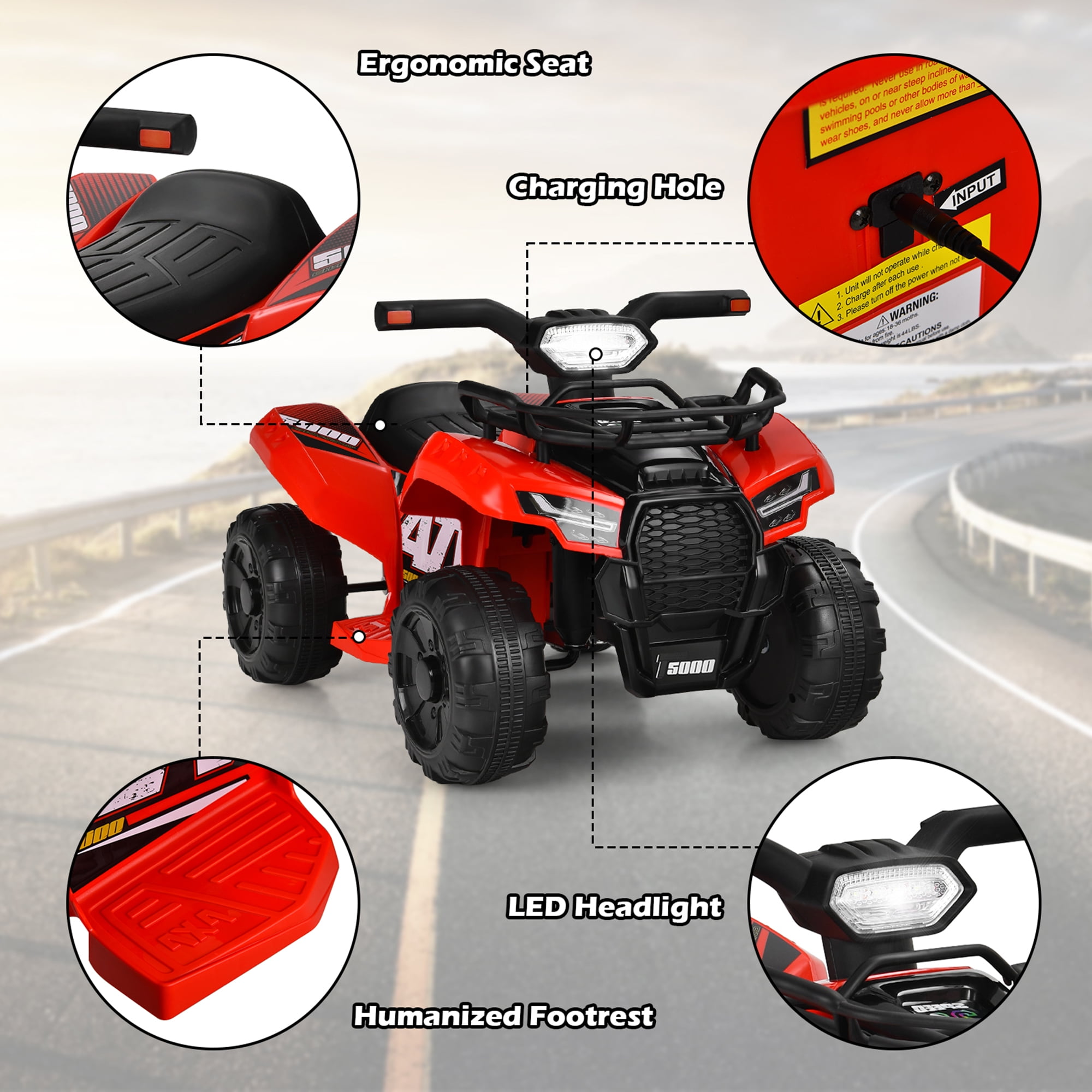 Gymax 6V 4 Wheels ATV Quad Ride On Car Kids Ride-On Toy w/ Music Horn LED Light Red