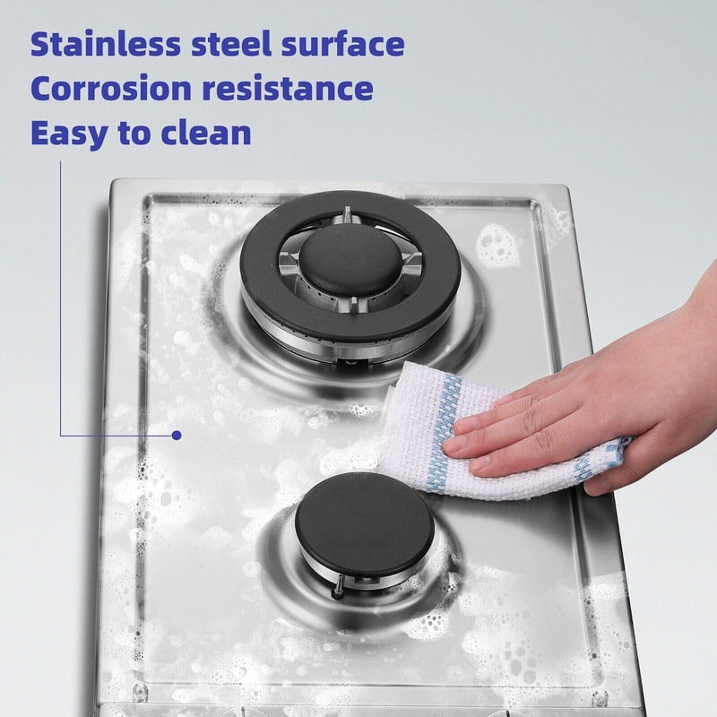 GD 12 in. 2 Burners Recessed Gas Cooktop with Tempered Glass Top, for Dual Fuel LPG/NG, Stainless Steel