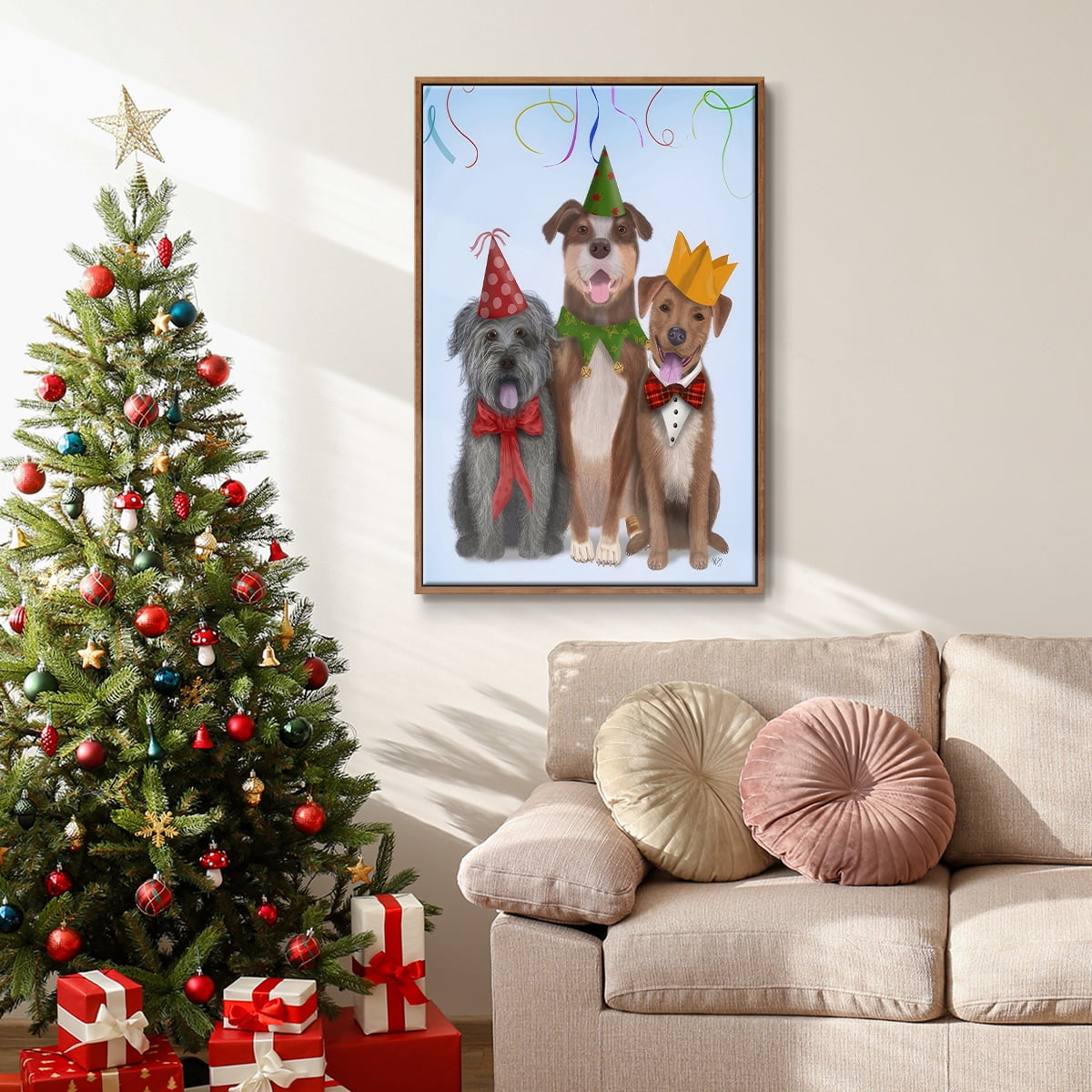 Christmas Party Mutts - Framed Gallery Wrapped Holiday Canvas - 27 x 41 - Rosewood Frame