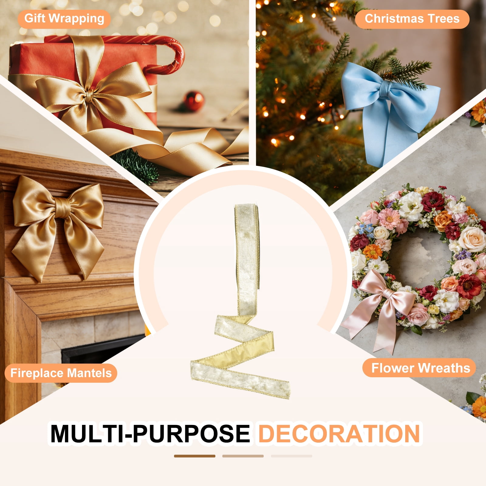 Uxcell Velvet Wired Ribbon, (1 Inch x 10 Yards, 2 Pcs)(Champagne) Velvety Gold Crushed Ribbons Gift Wrapping Binding, Suit For- Crafts/Bow/Wreaths/Christmas Tree Decoration