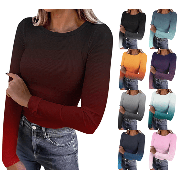 VEKDONE Women Long Sleeve Shirts Ribbed Knit Slim Fit Tops Gradient Color Basic Tee Casual Stretch Crewneck Blouses Underscrubs Layer Clothes