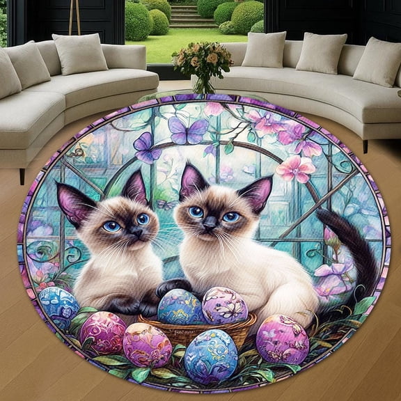 Round Area Rug, Easter Siamese Cat 2 Non-Slip Floor Mat, Soft Washable Carpet for Living Room Bedroom Decor 24 Inch