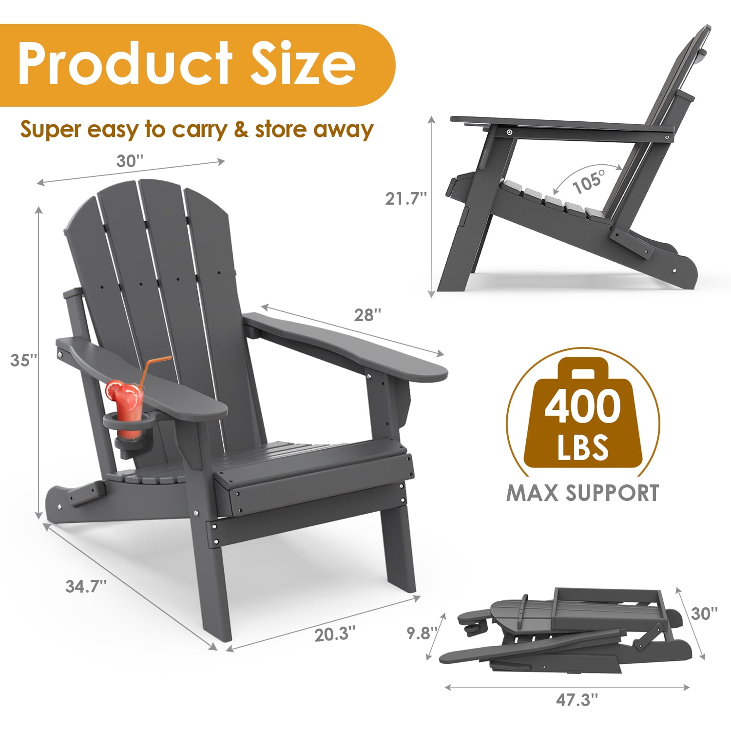 Pipopa Outdoor Folding HDPE Adirondack Chair with Cup Holder,All-Weather Patio Chair for Garden,Backyard,Pool,Grey
