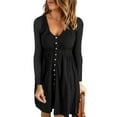 thumbnail image 3 of LLYwey s Womens Dresses Casual Solid U-Neck Buttons Long Sleeve Waist Dress New Dressy Dresses Black M, 3 of 8