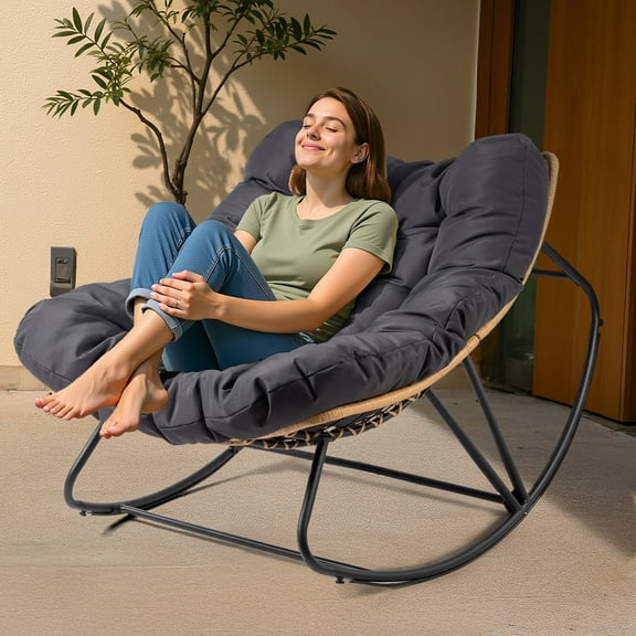 WSRFSD 38in Oversized Egg Rattan Rocking Chair - Indoor/Outdoor PE Wicker Lounge Chair with Cushion (Yellow Rattan, Grey Cushion)