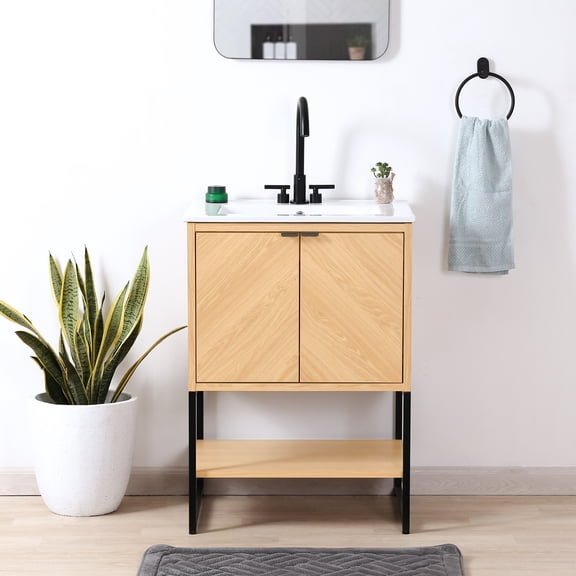 JONATHAN Y Juhl 23.5 in. W x 18 in. D x 33 in. H, Chevron-Front 2-Shelf, Bath Vanity Cabinet ONLY, Oak, VAN1013A