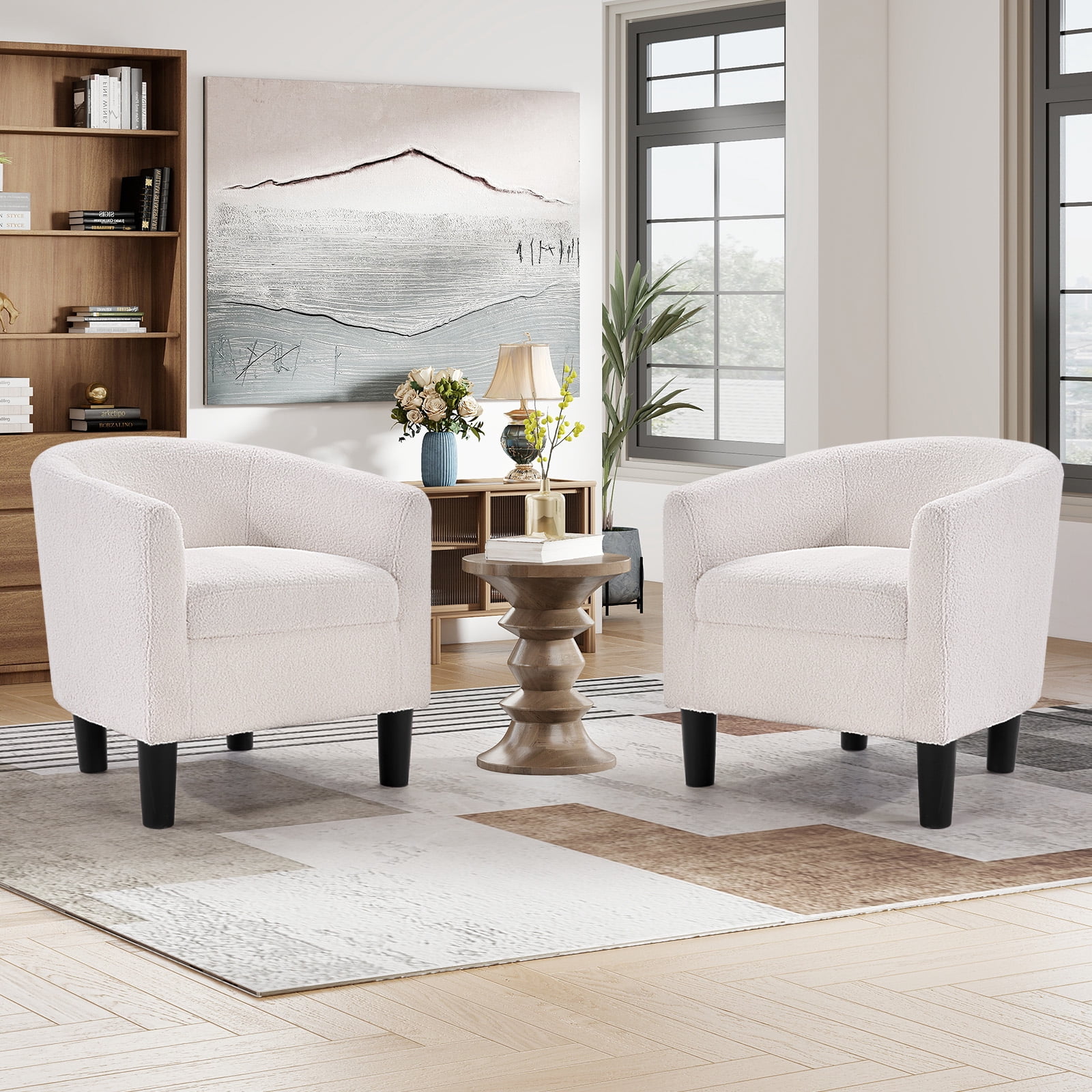 Bonzy Home Accent Barrel Chair, Teddy Fleece Upholstered Club Chair with Armrest Small Reading Chair, for Living Room, Bedroom & Reception Room, Cream