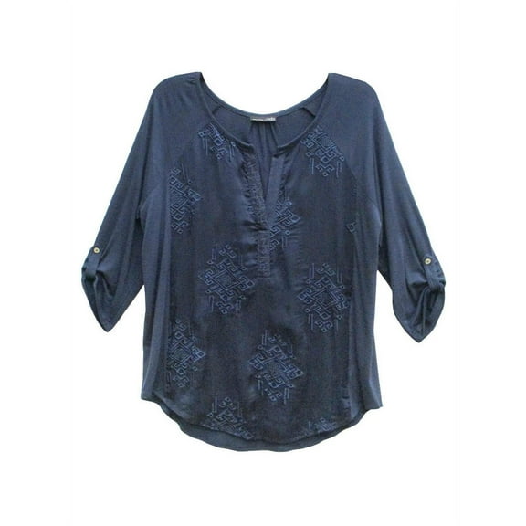 RXB Womens Size Small Roll Tab Sleeve Sheer Knit Top, Navy