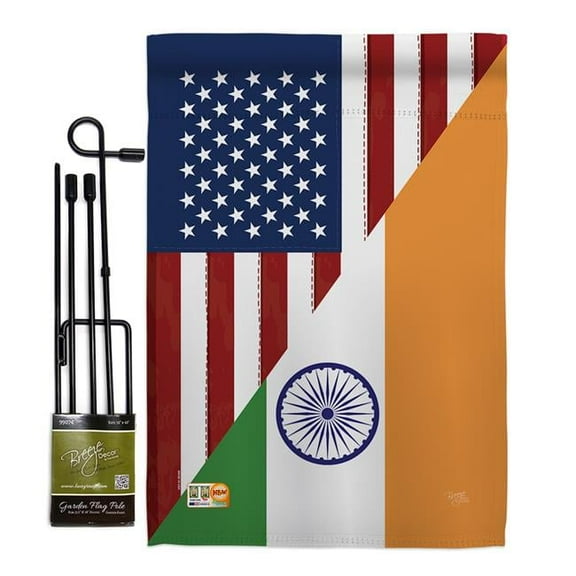 Breeze Decor BD-FS-GS-108403-IP-BO-D-US18-BD 13 x 18.5 in. US India Friendship Flags of the World Impressions Decorative Vertical Double Sided Garden Flag Set with Banner Pole