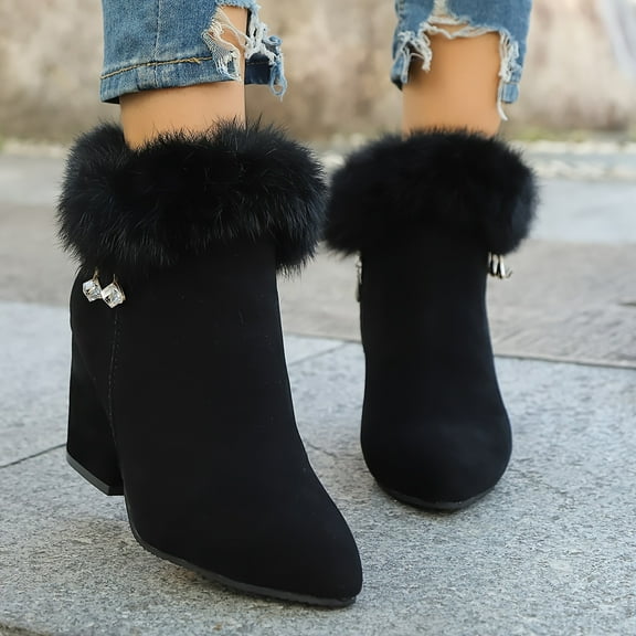 Willtoo Women's Suede Chunky Heeled Fluffy Fur Warm Ankle Boots,Fashion Pointed Toe Side Zipper High Heel Warm Booties,Outdoor Casual Non-slip Dressy Winter Boots Black