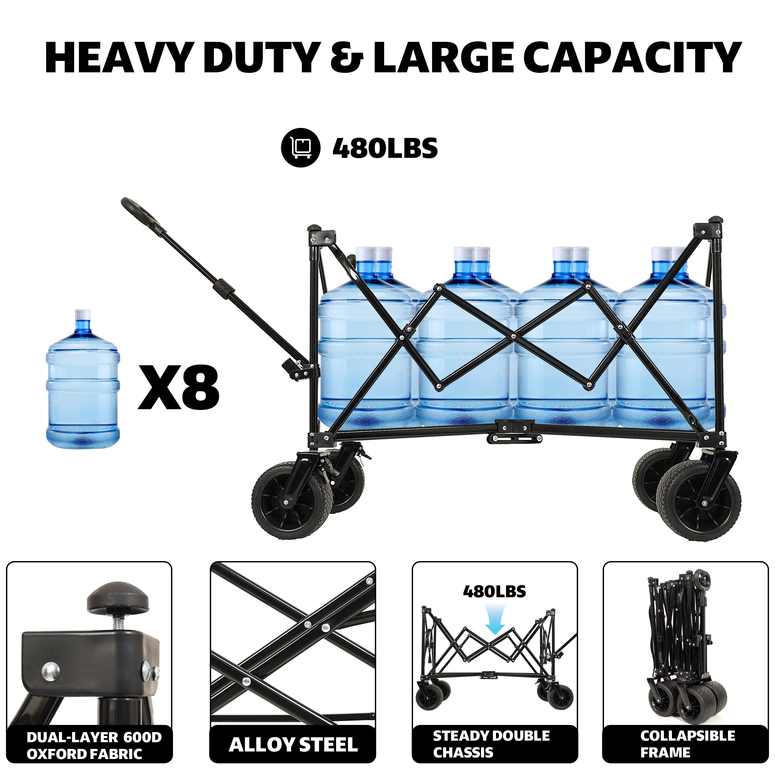 Kumix Collapsible Foldable Extended Wagon with Canopy, 480LBS Weight Capacity, Heavy Duty Folding Utility Garden Cart with Big All-Terrain Beach Wheels & Drink Holders, Side Pocket and Brakes, Black