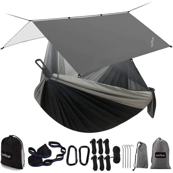Camping Hammock with Rain Fly Tarp and Mosquito Net, Double Size, 78"W x 118"L, Black/Grey Bundle