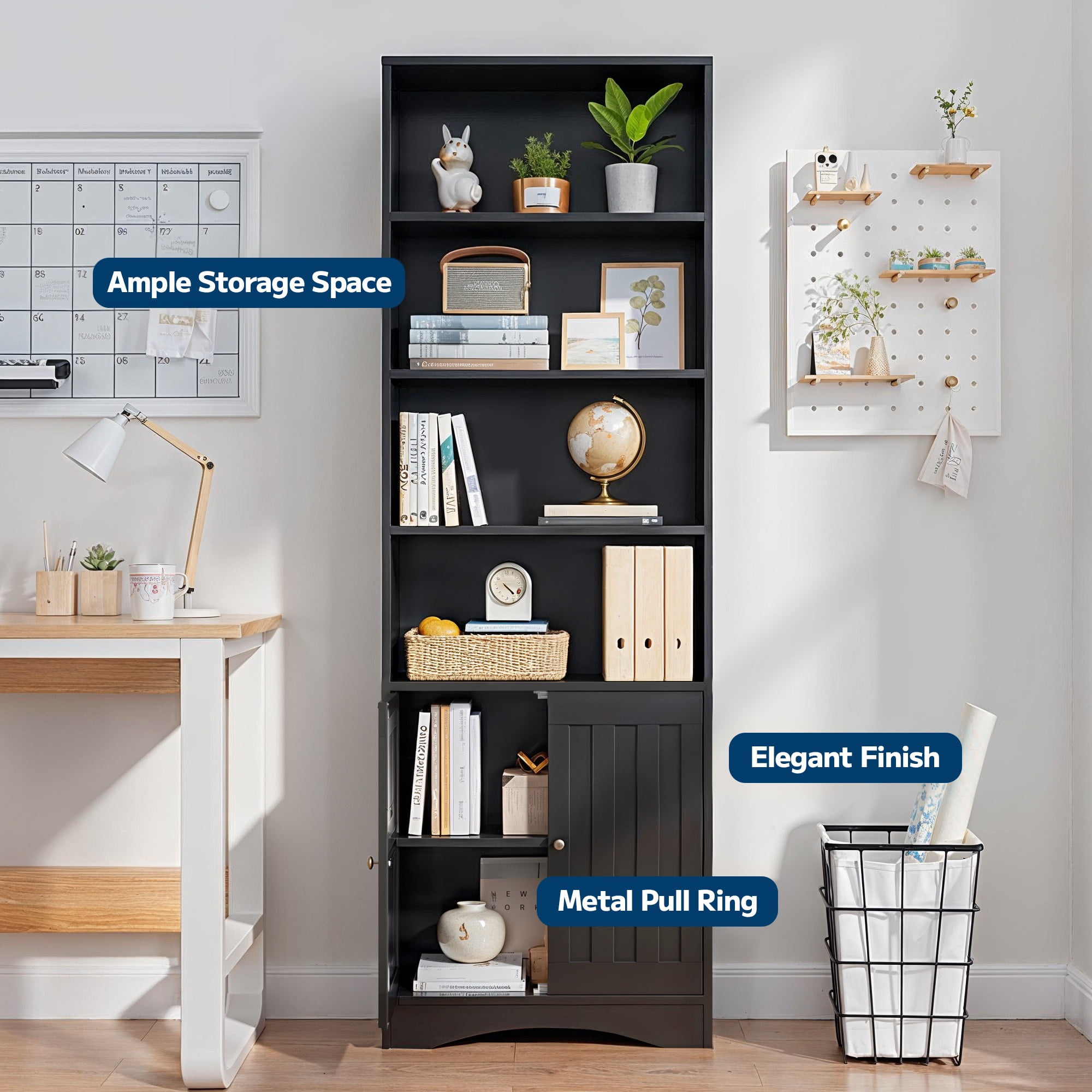 Lofka 71" 6-Shelf Tall Bookcase and Bookshelf with 2 Doors, Black