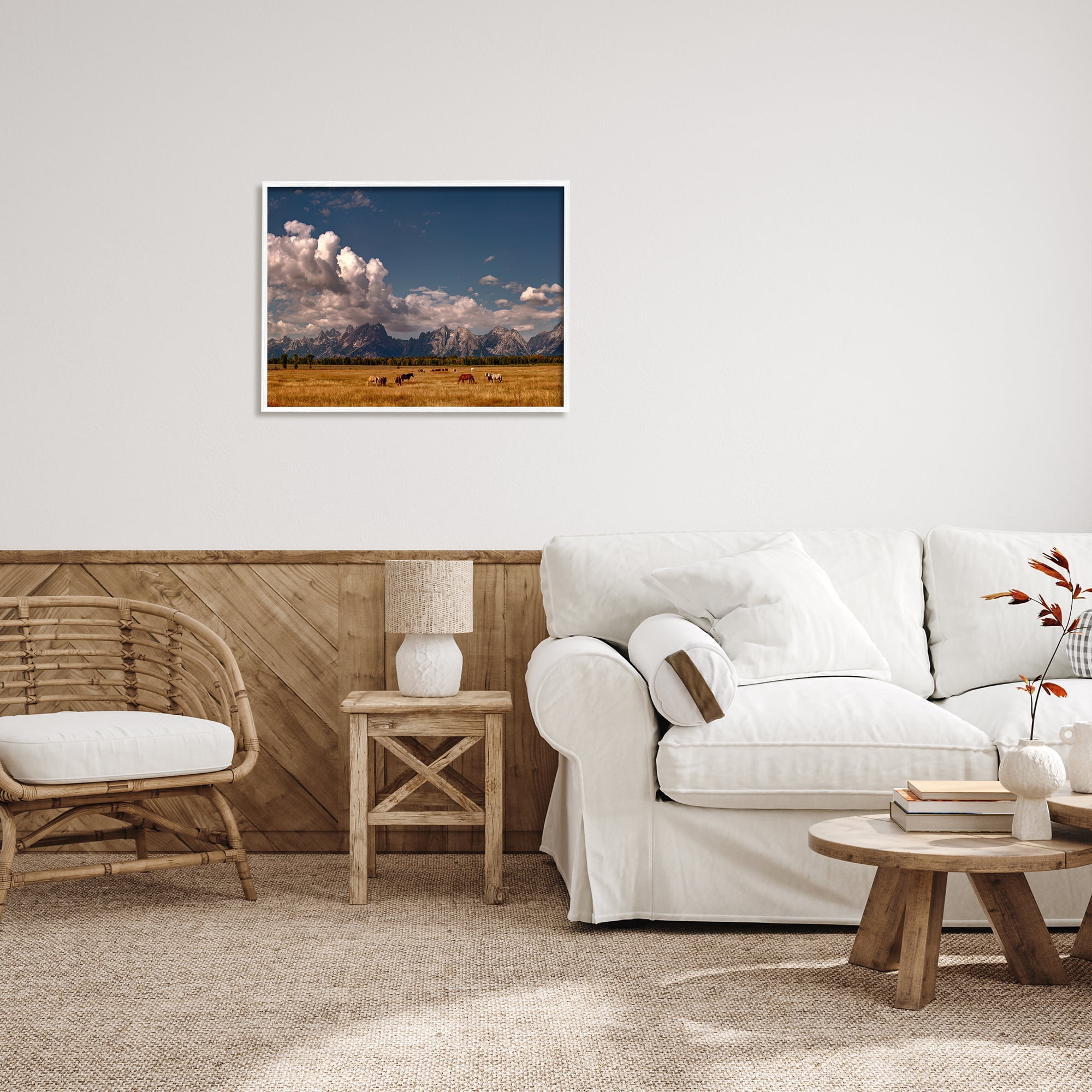 Stupell Industries Horses Grazing Mountain View Nature Photography White Framed Art Print Wall Art, 30 x 24