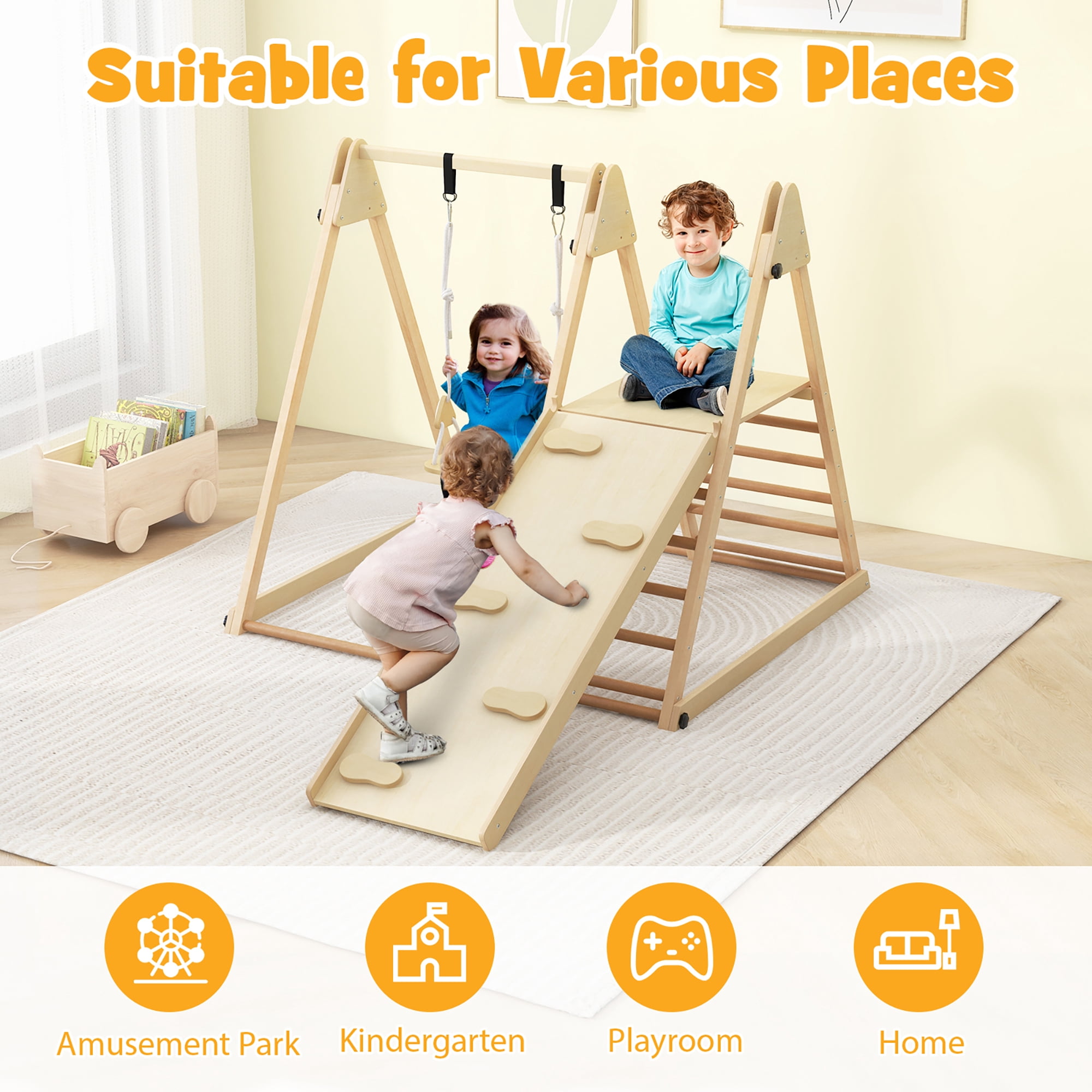 Gymax 5-in-1 Kids Indoor Playground w/ Slide Climbing Rock Adjustable Swing Wooden