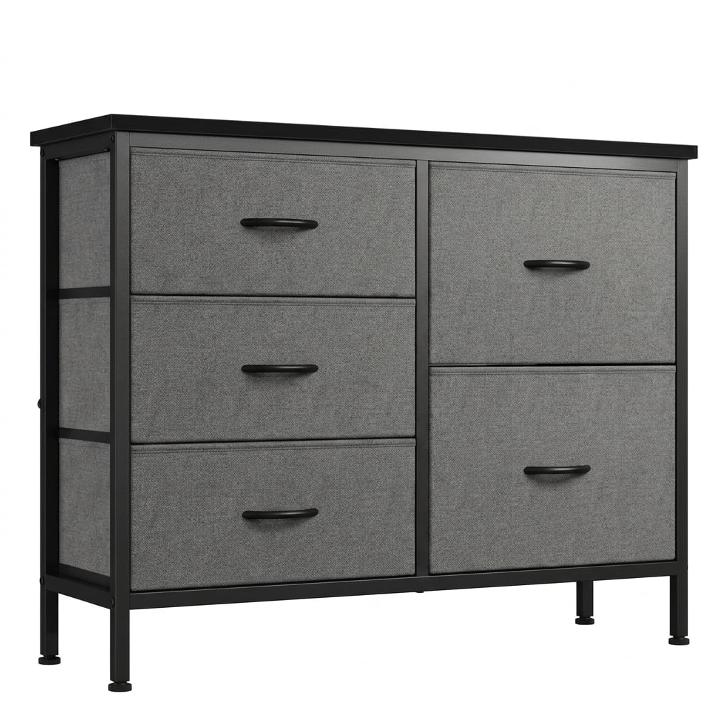Casabay 5‑Drawer Wide Fabric Storage Dresser Wood Top & Metal Frame Organizer Multi‑Use Chest for Bedroom Hallway and Closet