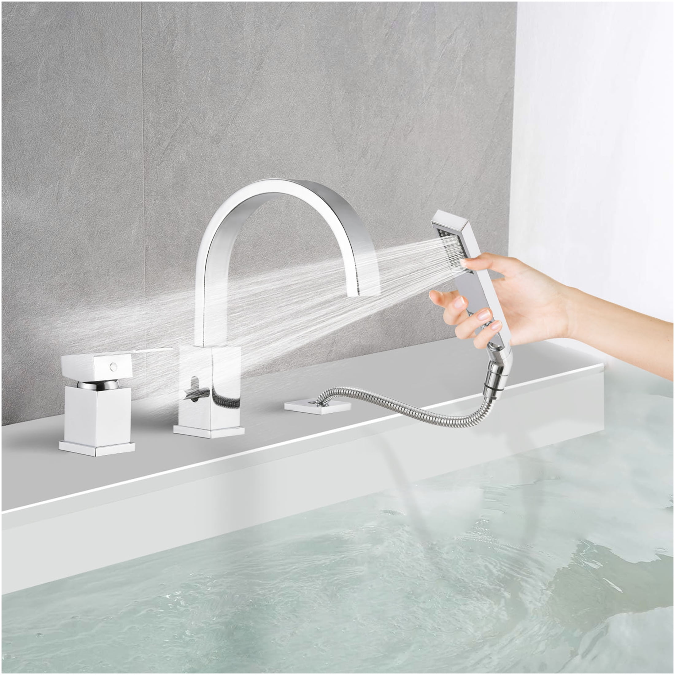 JERFIT Chrome 3-Hole Waterfall Roman Tub Filler Set with Handheld Shower, Deck Mount Stainless Steel Bathtub Faucet