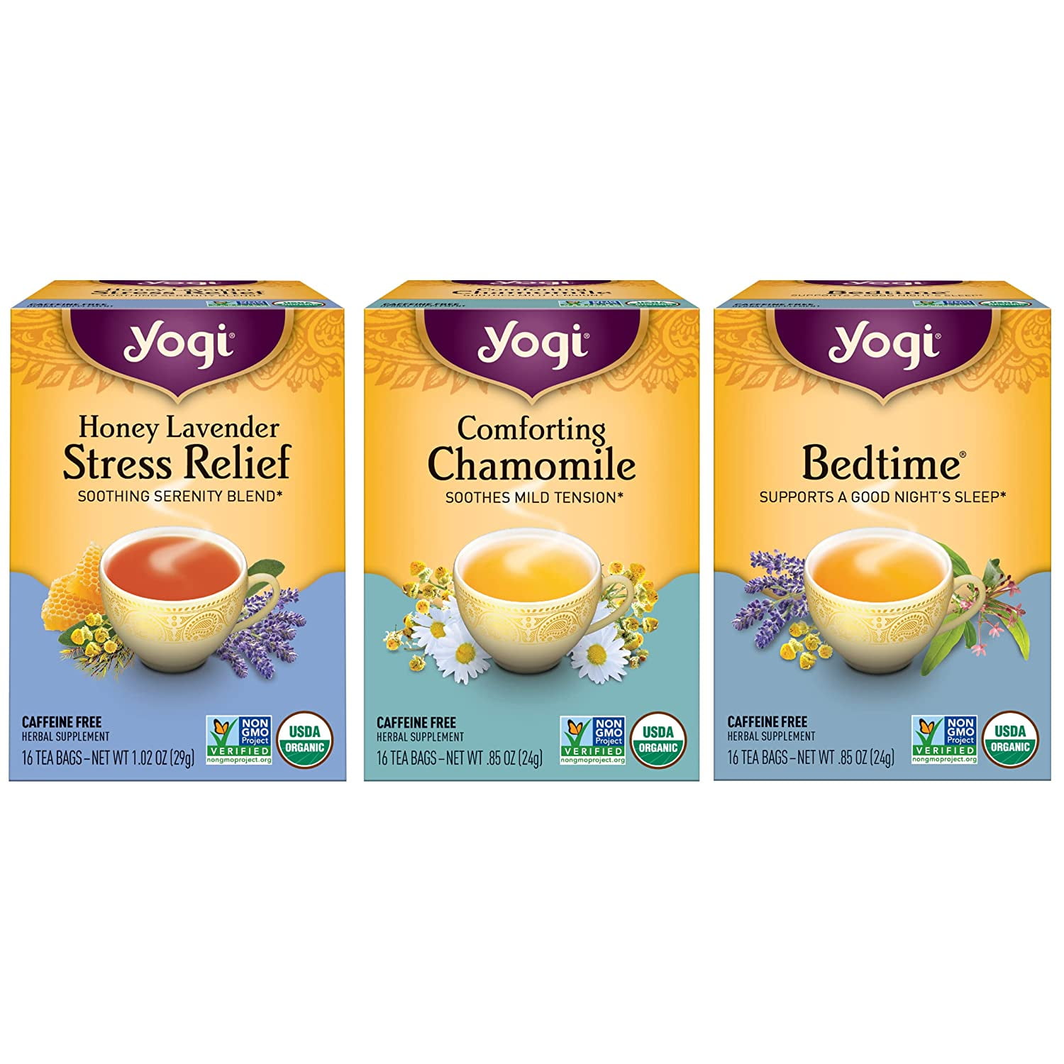 Yogi Tea - Relaxation and Stress Relief Variety Pack Sampler (3 Pack) - With Honey Lavender Stress Relief, Bedtime, and Comforting Chamomile - Caffeine Free - 48 Organic Herbal Tea Bags