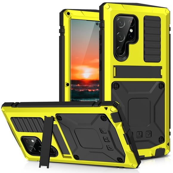 Dteck Galaxy S22 Ultra Rugged case,Metal Bumper Built-in Screen Protector&Stand Water Resistant dustproof and Drop-Proof,Heavy Duty Rugged Military Cover for Samsung S22 Ultra 6.8",Yellow