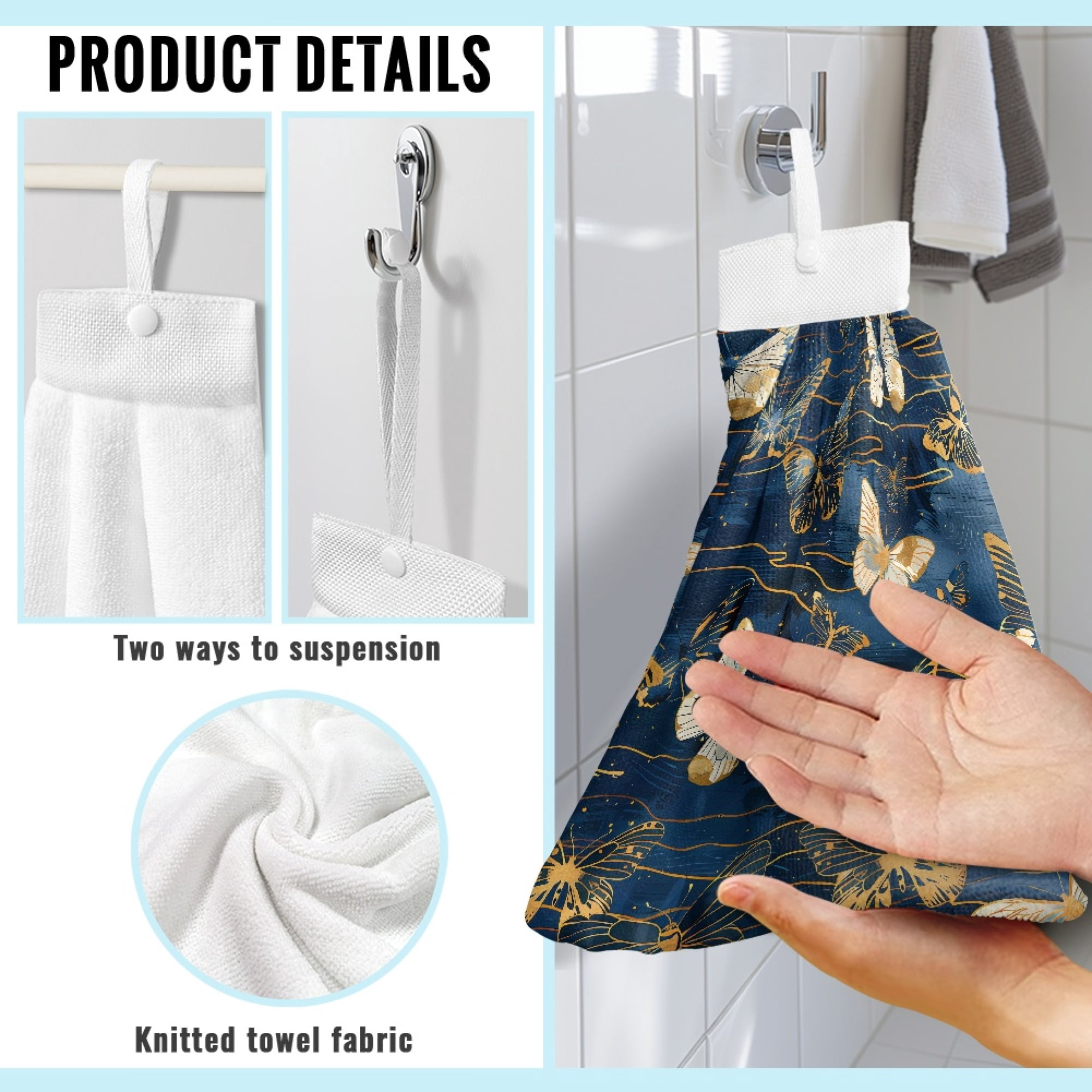 ZIATUBLE Butterfly Hanging Hand Dry Towels with Snap Button Hand Towels for Kitchen and Bathroom Machine Washable Tie Dish Towels Lightweight Hanging Hand Towels with Loop