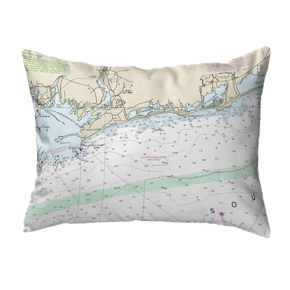 Betsy Drake Interiors Block Island Sound, RI Nautical Map Noncorded Indoor/Outdoor Pillow 11x14