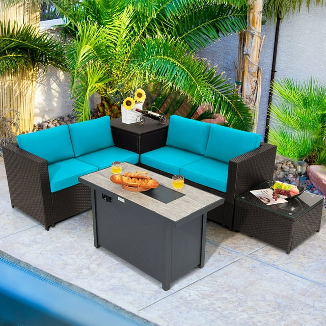 Gymax 5PCS Patio Rattan Furniture Set Fire Pit Table w/ Cover Storage Cushion Turquoise