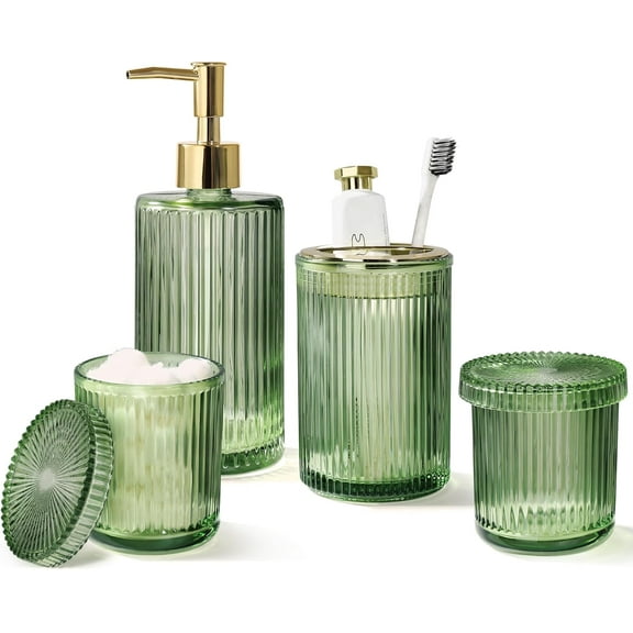 Green Glass Bathroom Accessories 4 Pcs, Green Bathroom Set, Soap Dispenser and Toothbrush Holder Set, Qtip Holder Set, Vintage Bathroom Sink Set, Cute Bathroom Decor