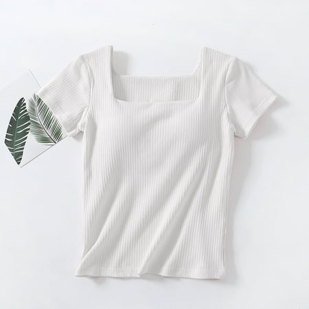 SNKSDGM Graphic Tees for Women Plus Size 3X Striped Short Sleeved Threaded T Shirt with Chest Pad Women s Collar Bottoming Shirt Without Steel Ring Bra Slim Underwear Striped Short Sleeved Th
