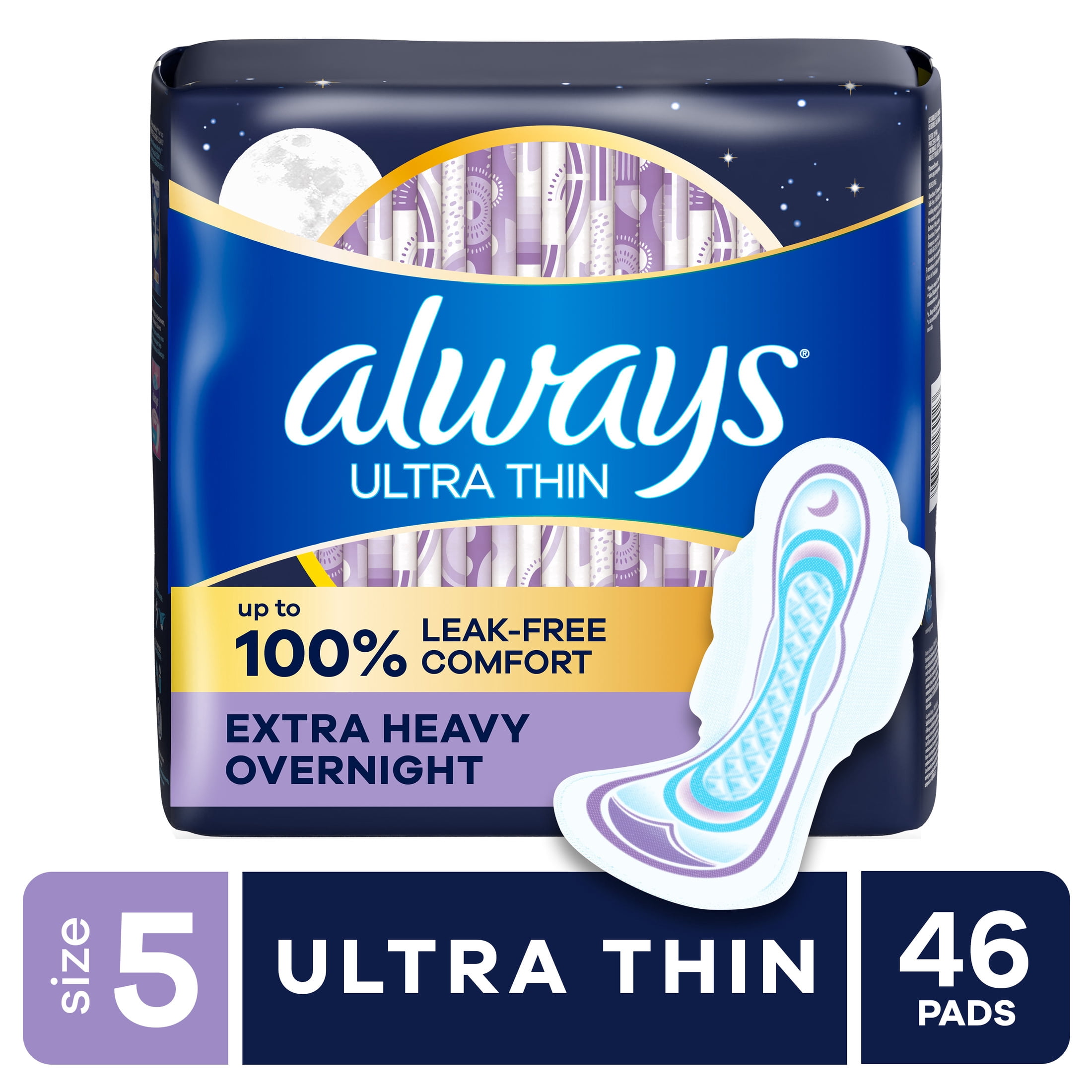 (2 pack) Always Ultra Thin Overnight Pads with Wings, Size 5, Extra Heavy Overnight, 46 Count