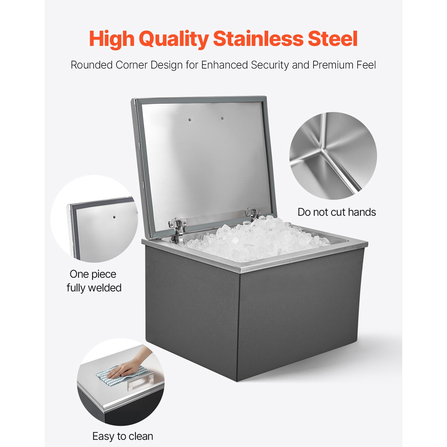 KFFKFF Stainless Steel Drop-in Ice Chest, 28"L x 20"W x 17"H Cooler, 113.7 Quart Capacity with Flip Lid, Ideal for Outdoor Kitchens, Patios, and Bars, Includes Drain Pipe for Chilling Beverages
