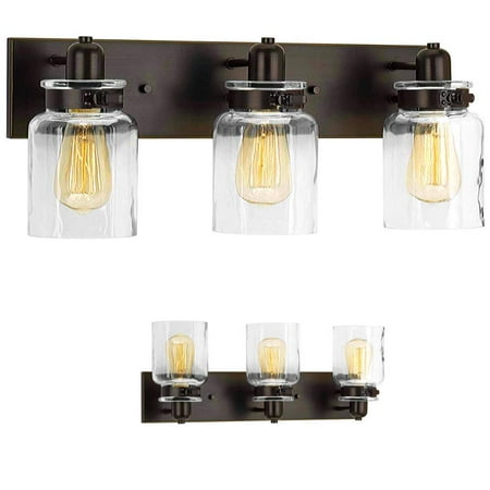 Wood Grip Vintage 3-Light Antique Bronze LED Vanity Light with Glass Shades